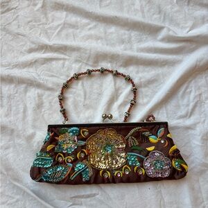 Vintage beaded sequined embellished Embroidered Floral Brown shoulder bag Clutch